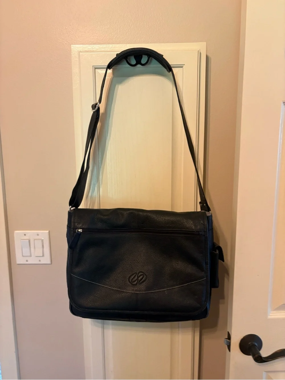 Black Leather Messenger Bag with Front Flap and Zip Pocket